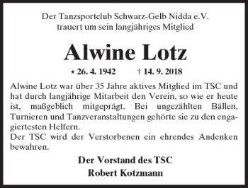 Traueranzeige von Alwine Lotz von  Kreisanzeiger