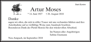 Traueranzeige von Artur Moses von  Usinger Anzeiger Traueranzeige von Artur Moses von  Usinger Anzeiger