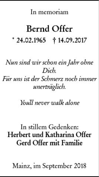 Traueranzeige von Bernd Offer von vrm-trauer