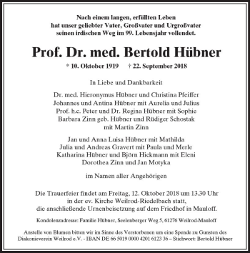 Traueranzeige von Bertold Hübner von  Usinger Anzeiger