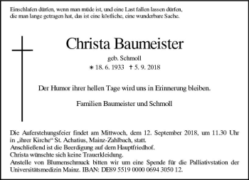 Traueranzeige von Christa Baumeister von vrm-trauer