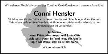 Traueranzeige von Cornelia Hensler von VRM Trauer