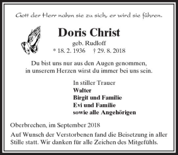 Traueranzeige von Doris Christ von  Camberger Anzeiger