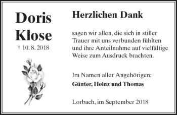 Traueranzeige von Doris Klose von  Kreisanzeiger