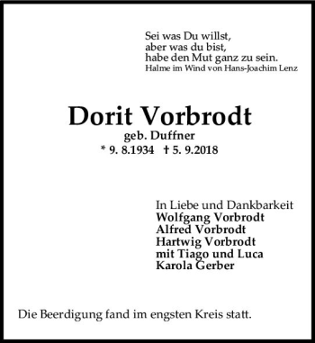 Traueranzeige von Dorit Vorbrodt von vrm-trauer
