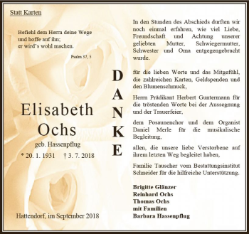 Traueranzeige von Elisabeth Ochs von VRM Trauer