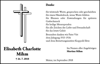 Traueranzeige von Elisabeth Charlotte Mihm von vrm-trauer
