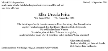 Traueranzeige von Elke Ursula Fritz von vrm-trauer