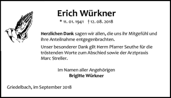 Traueranzeige von Erich Würkner von  Usinger Anzeiger