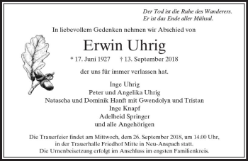 Traueranzeige von Erwin Uhrig von  Usinger Anzeiger Traueranzeige von Erwin Uhrig von  Usinger Anzeiger