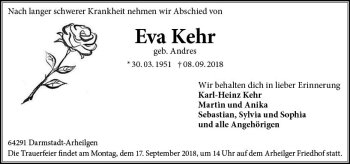 Traueranzeige von Eva Kehr von vrm-trauer