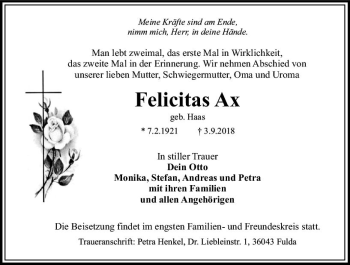 Traueranzeige von Felicitas Ax von VRM Trauer