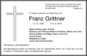 Traueranzeige von Franz Grittner von vrm-trauer
