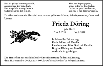 Traueranzeige von Frieda Döring von VRM Trauer
