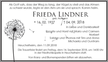 Traueranzeige von Frieda Lindner von  Gießener Anzeiger