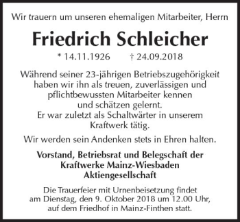 Traueranzeige von Friedrich Schleicher von vrm-trauer