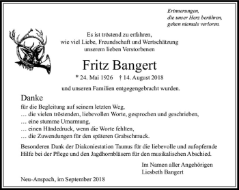 Traueranzeige von Fritz Bangert von  Usinger Anzeiger Traueranzeige von Fritz Bangert von  Usinger Anzeiger