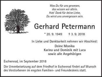 Traueranzeige von Gerhard Petermann von  Kreisanzeiger