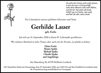 Traueranzeige von Gerhilde Lauer von vrm-trauer