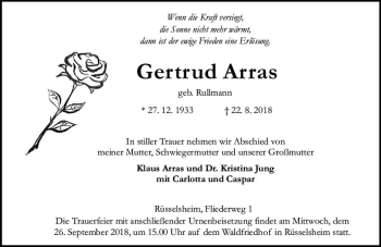 Traueranzeige von Gertrud Arras von vrm-trauer