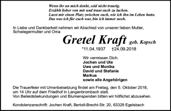Traueranzeige von Gretel Kraft von vrm-trauer