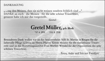 Traueranzeige von Gretel Müller von vrm-trauer