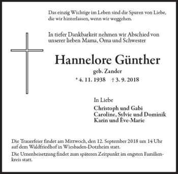 Traueranzeige von Hannelore Günther von vrm-trauer