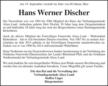 Traueranzeige von Hans Werner Discher von vrm-trauer