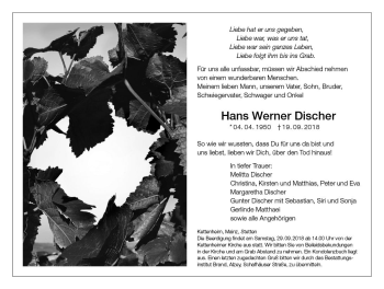 Traueranzeige von Hans Werner Discher von vrm-trauer