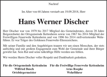 Traueranzeige von Hans Werner Discher von vrm-trauer