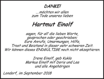 Traueranzeige von Hartmut Einolf von VRM Trauer
