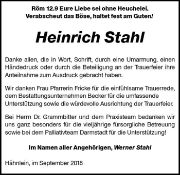 Traueranzeige von Heinrich Stahl von vrm-trauer