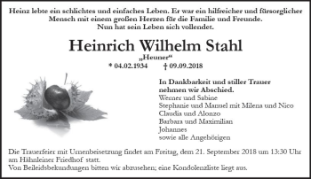 Traueranzeige von Heinrich Wilhelm Stahl von vrm-trauer
