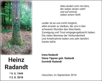 Traueranzeige von Heinz Radandt von  Kreisanzeiger