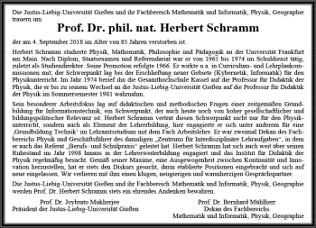 Traueranzeige von Herbert Schramm von  Gießener Anzeiger