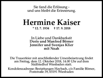 Traueranzeige von Hermine Kaiser von vrm-trauer