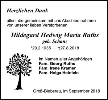 Traueranzeige von Hildegard Hedwig Maria Ruths von vrm-trauer