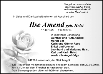 Traueranzeige von Ilse Amend von vrm-trauer
