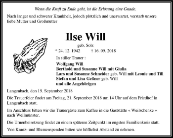 Traueranzeige von Ilse Will von  Usinger Anzeiger