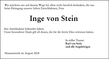Traueranzeige von Inge  von Stein von vrm-trauer