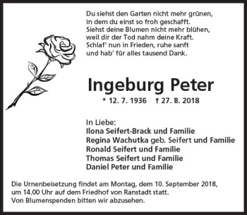 Traueranzeige von Ingeburg Peter von  Kreisanzeiger