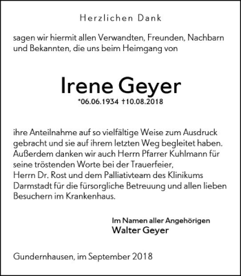 Traueranzeige von Irene Geyer von vrm-trauer