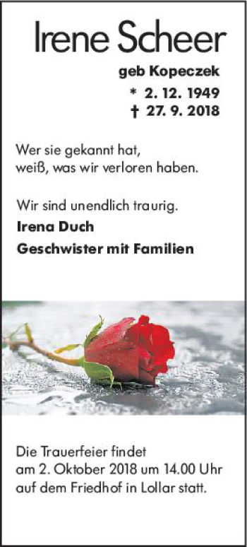 Traueranzeige von Irene Scheer von  Gießener Anzeiger