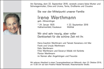 Traueranzeige von Irene Werthmann von vrm-trauer
