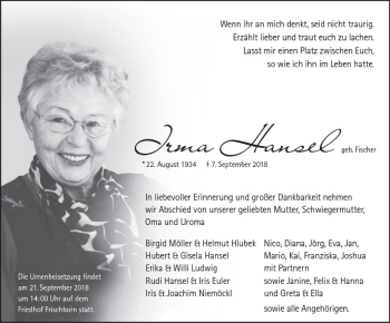 Traueranzeige von Irma Hansel von VRM Trauer
