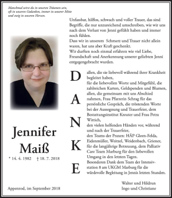 Traueranzeige von Jennifer Maiß von VRM Trauer