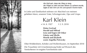 Traueranzeige von Karl Klein von  Kreisanzeiger