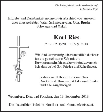 Traueranzeige von Karl Ries von  Gießener Anzeiger