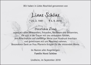 Traueranzeige von Liane Schöne von  Kreisanzeiger