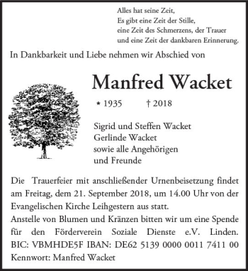 Traueranzeige von Manfred Wacket von  Gießener Anzeiger